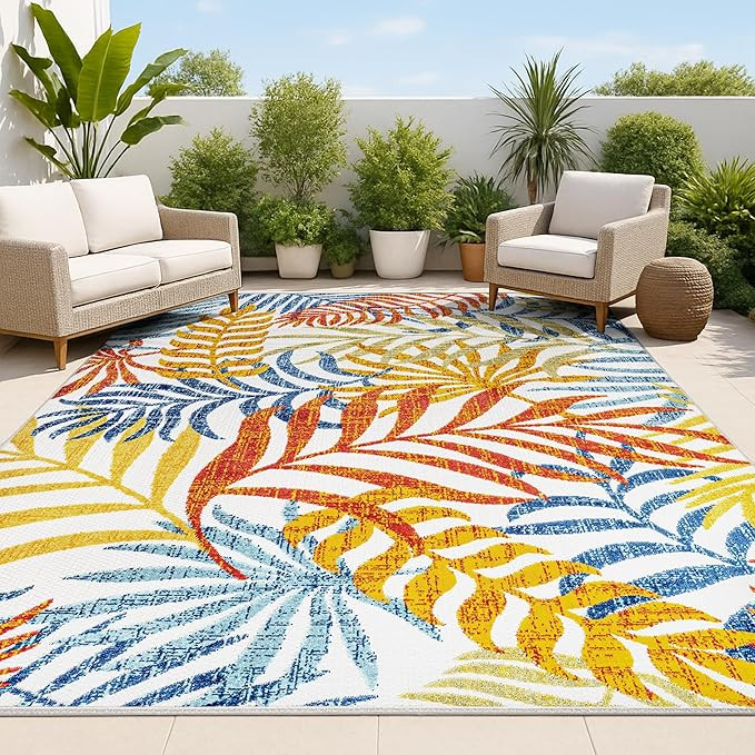 JONATHAN Y Tropics Palm Leaves Indoor Outdoor Area Rug 5X8 Cream/Orange, Boho for Backyard, Patio... | Amazon (US)