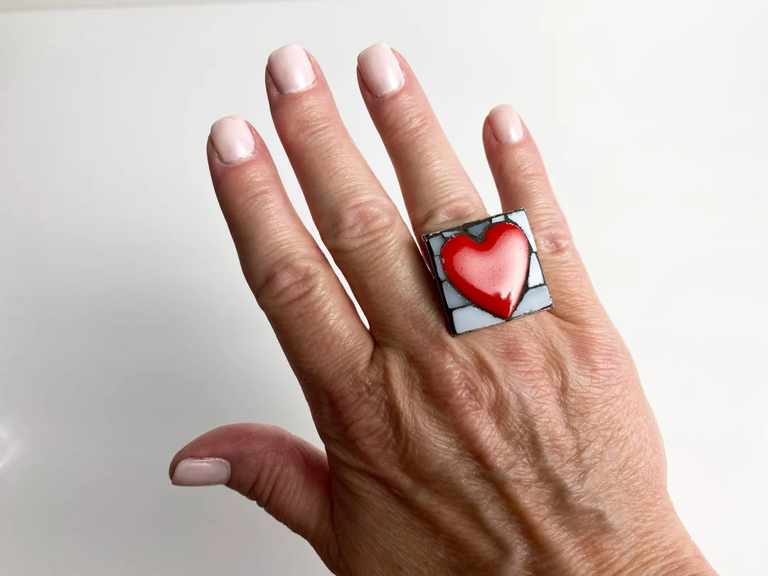 Red Heart Mosaic Ring, BFF Gift, Valentines Day, Red Ceramic Heart, Statement Ring, Square Silver... | Etsy (US)