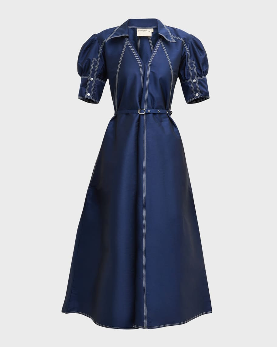 LOVEBIRDS Street Smart Topstitch Puff-Sleeve Midi Dress | Neiman Marcus