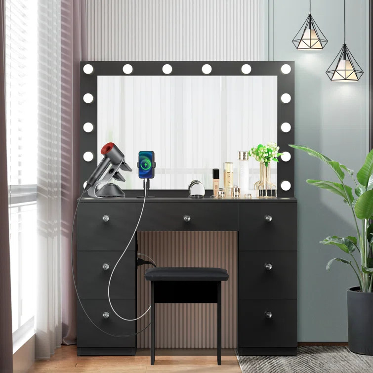 Cotati Vanity Set with 7 Large Drawers and Outlets | Wayfair North America