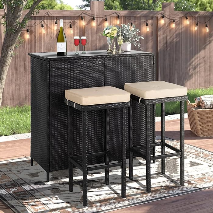Crownland 3-Piece Wicker Patio Outdoor Bar Set, 2 Stools and 1 Glass Top Table, Bistro Set, Brown... | Amazon (US)