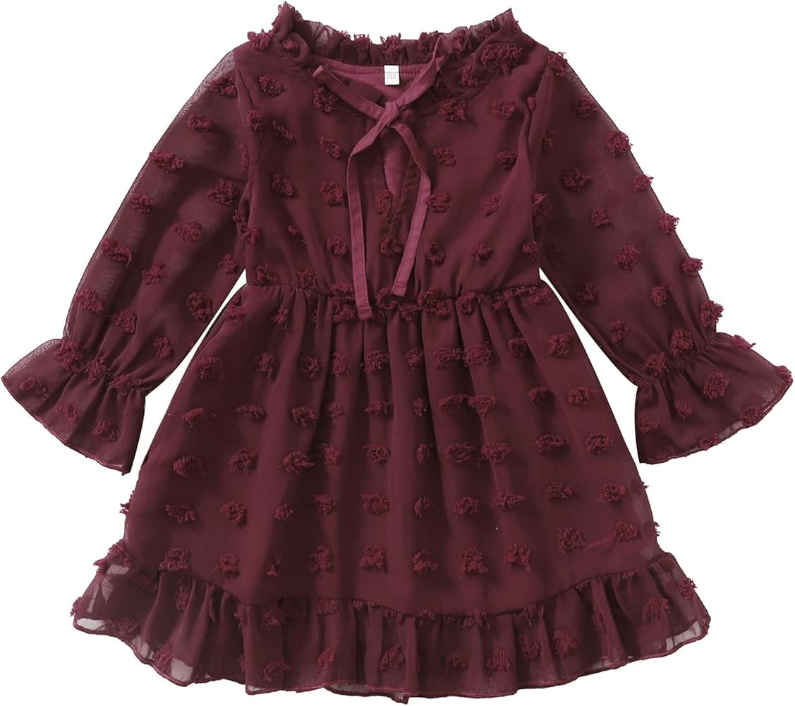 Maacie Kids Fall V-Neck Trumpet Sleeve Flowy Mini Dress Babydoll Dress Wine Red 5Y | Amazon (US)