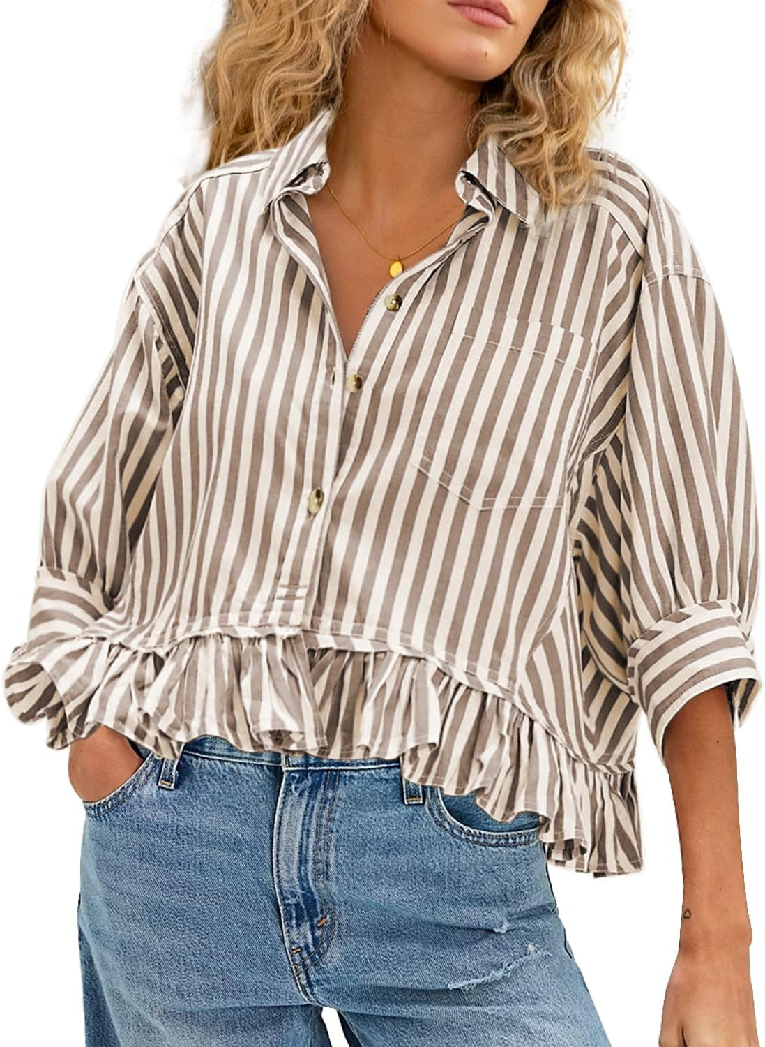 CHYRII Womens Summer Tops Dressy Casual Blouse Top Ruffled Short Sleeve Button Down Striped Shirt | Amazon (US)