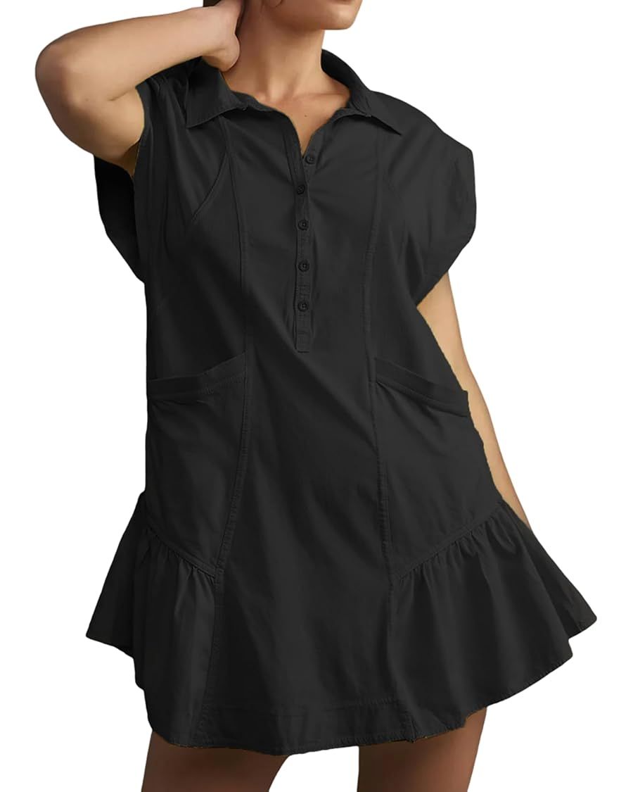 Women's Button Down Shirt Dress Short Sleeve Patchwork Mini Dress with Pockets | Amazon (US)