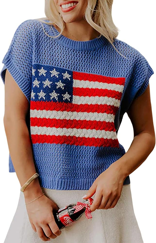 SELINK Womens Summer Crochet Tops Hollow Out Cap Sleeve American Flag Crew Neck Graphic Pullover ... | Amazon (US)