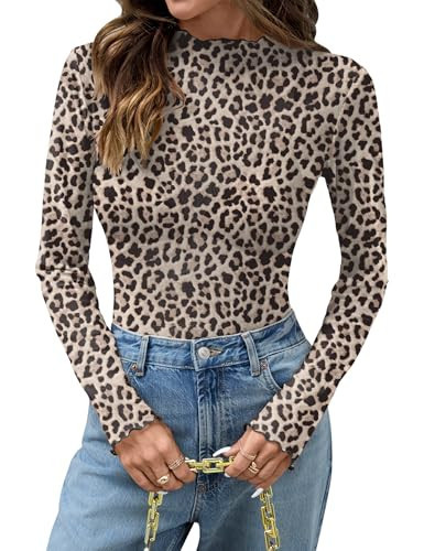 KTILG Lace Layering Top Long Sleeve Mesh Tops for Women Cheetah Print Top Country Concert Outfits Fall Fashion Apricot Leopard XL | Amazon (US)