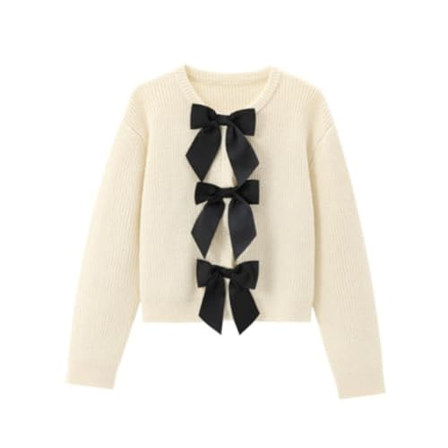 Monkay Bow Cardigan for Women - Ribbon Bow Tie Front Sweater Crewneck Chunky Knit Long Sleeve Trendy Spring Jacket (Beige,Small) | Amazon (US)