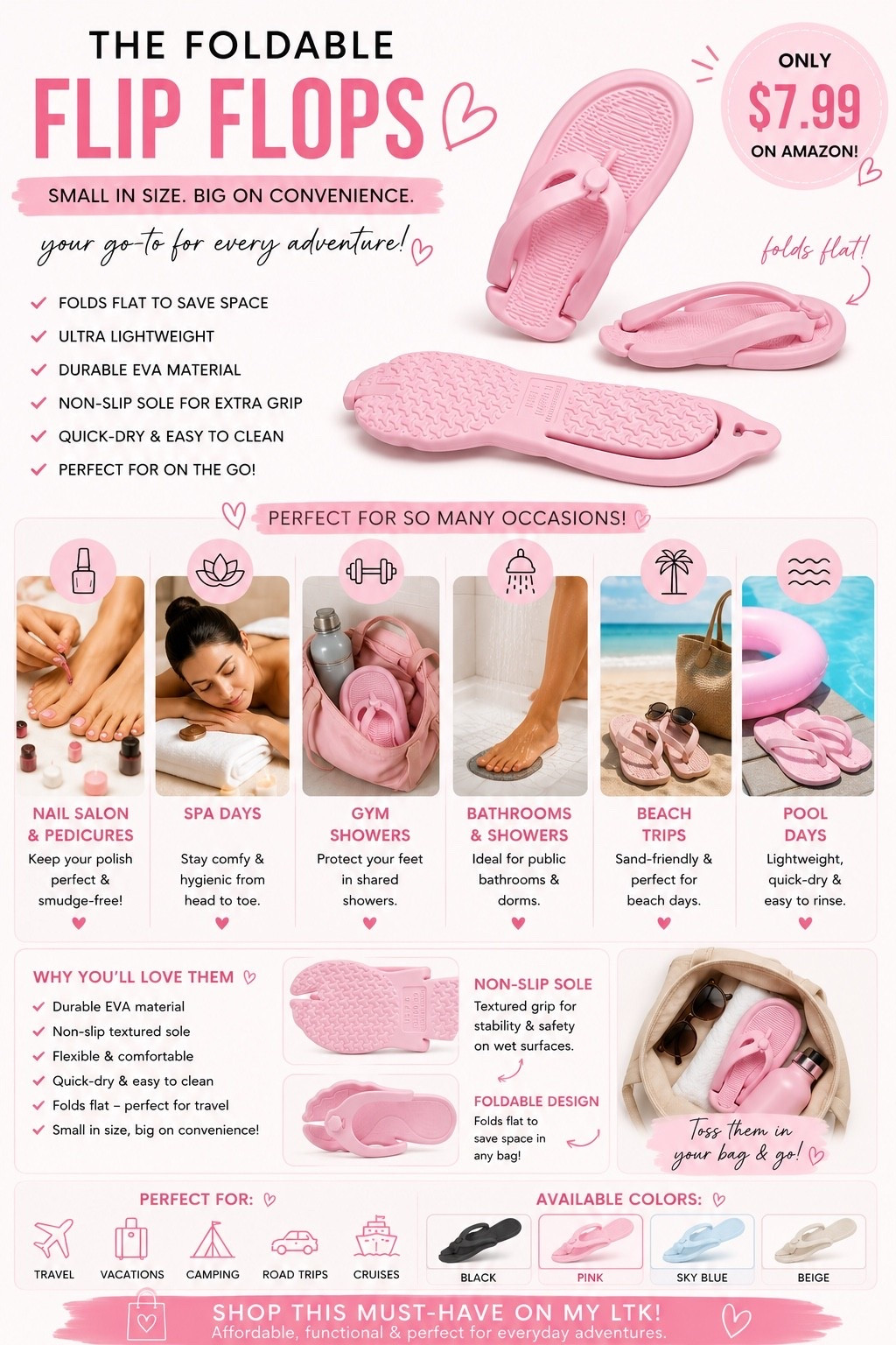 These foldable flip flops are one of my favorite budget finds—and they’re only $7.99! 🙌

Perfect for:
💅 Nail appointments (no smudged polish!)
🧖‍♀️ Spa days
🏋️‍♀️ Gym showers
🚿 Public showers
🏖️ Beach & pool days
✈️ Travel

They fold completely flat, are lightweight, quick-drying, and fit easily in your purse, gym bag, or suitcase. A small purchase you’ll use over and over!

#LTKSaleAlert