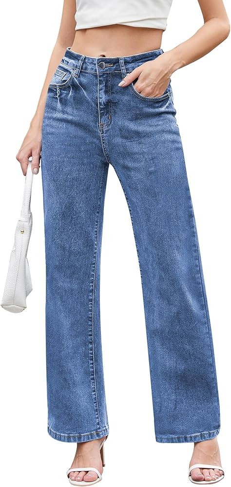 Jeans for Women Trendy High Waisted Straight Jeans Loose Wide Leg Stretchy Denim Pants with Pocke... | Amazon (US)