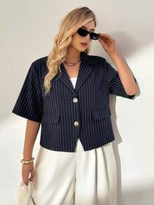 Auralis Plus Size Women's Navy Blue Single-Breasted Casual Streetwear Versatile Everyday Blazer O... | SHEIN