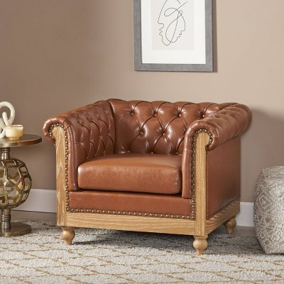 Castalia Chesterfield Tufted Club Chair with Nailhead Trim Cognac Brown/Natural - Christopher Knight Home: Elegant Birch Wood Legs | Target