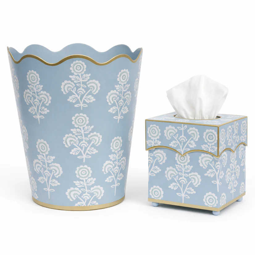 Slate Blue Floral Scalloped Wastepaper Basket & Tissue (3 Options) | The Enchanted Home