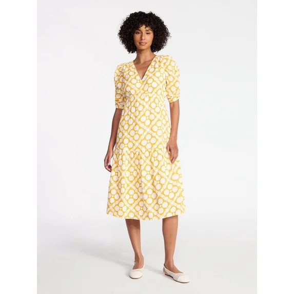 Time and Tru Women's Cotton Tiered Midi Dress with Elbow Length Sleeves, Sizes XS-XXXL | Walmart (US)