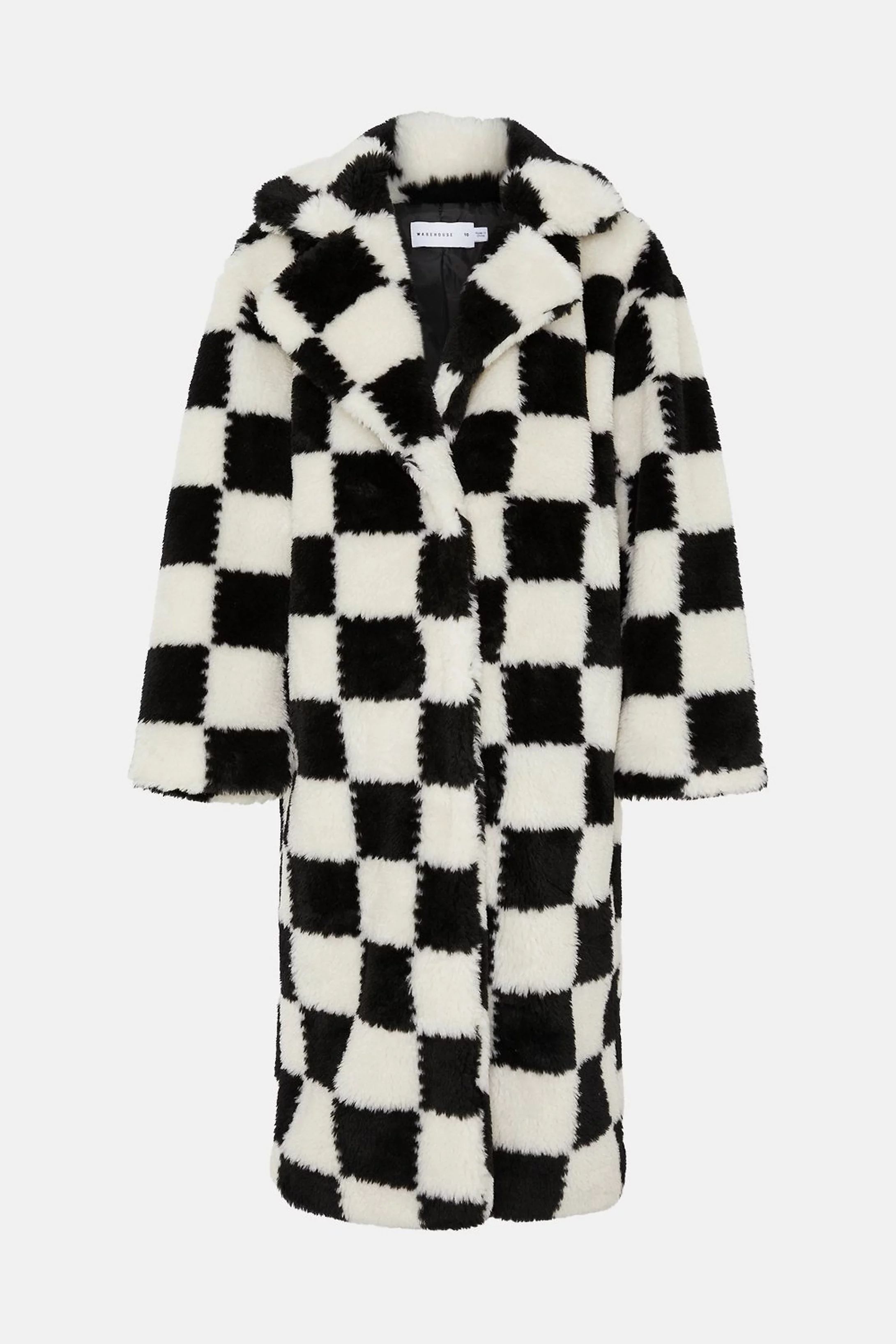 Checkerboard Maxi Fur Coat | Warehouse UK & IE