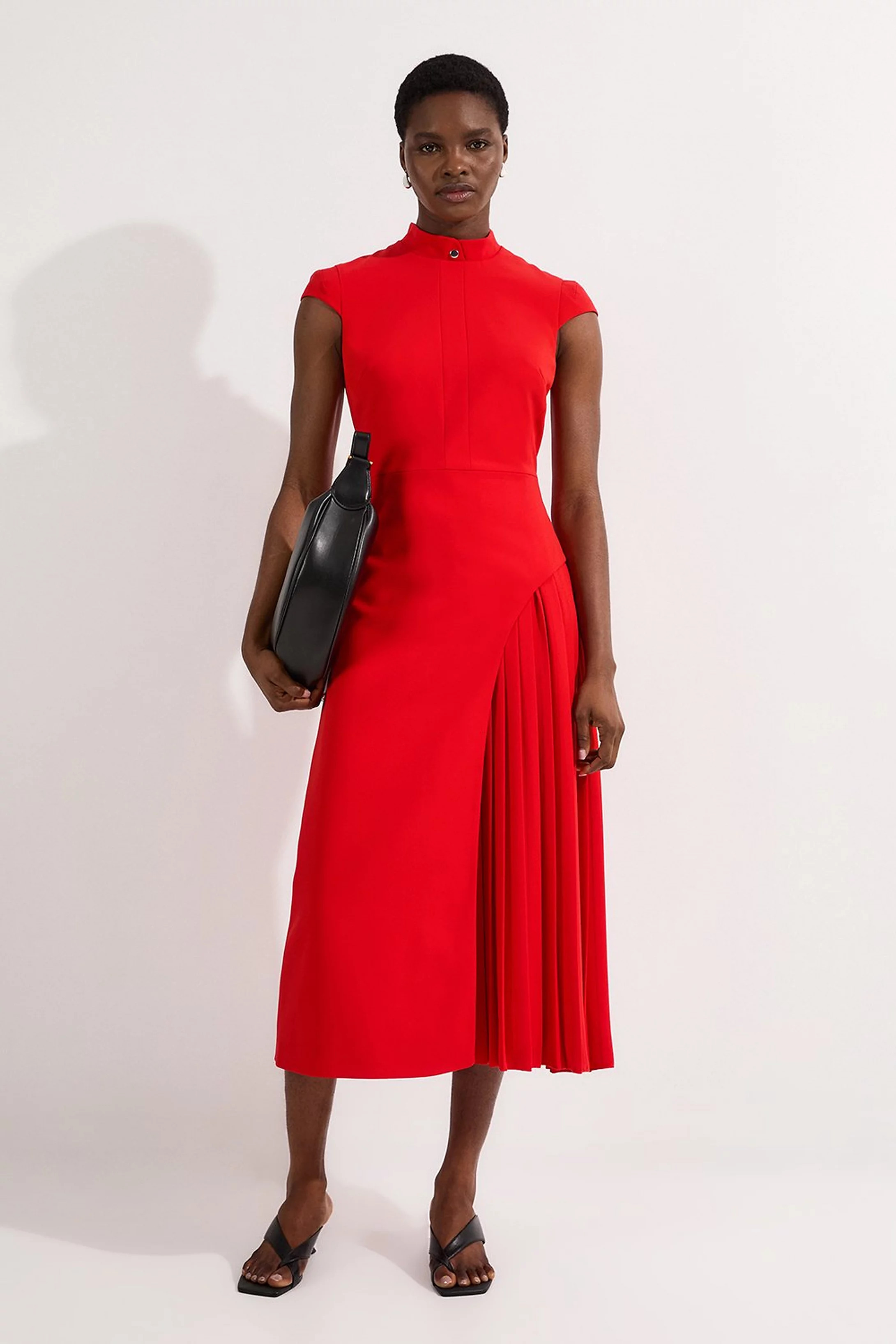 Tailored Crepe High Neck Side Pleat Detail Midi Dress | Karen Millen US