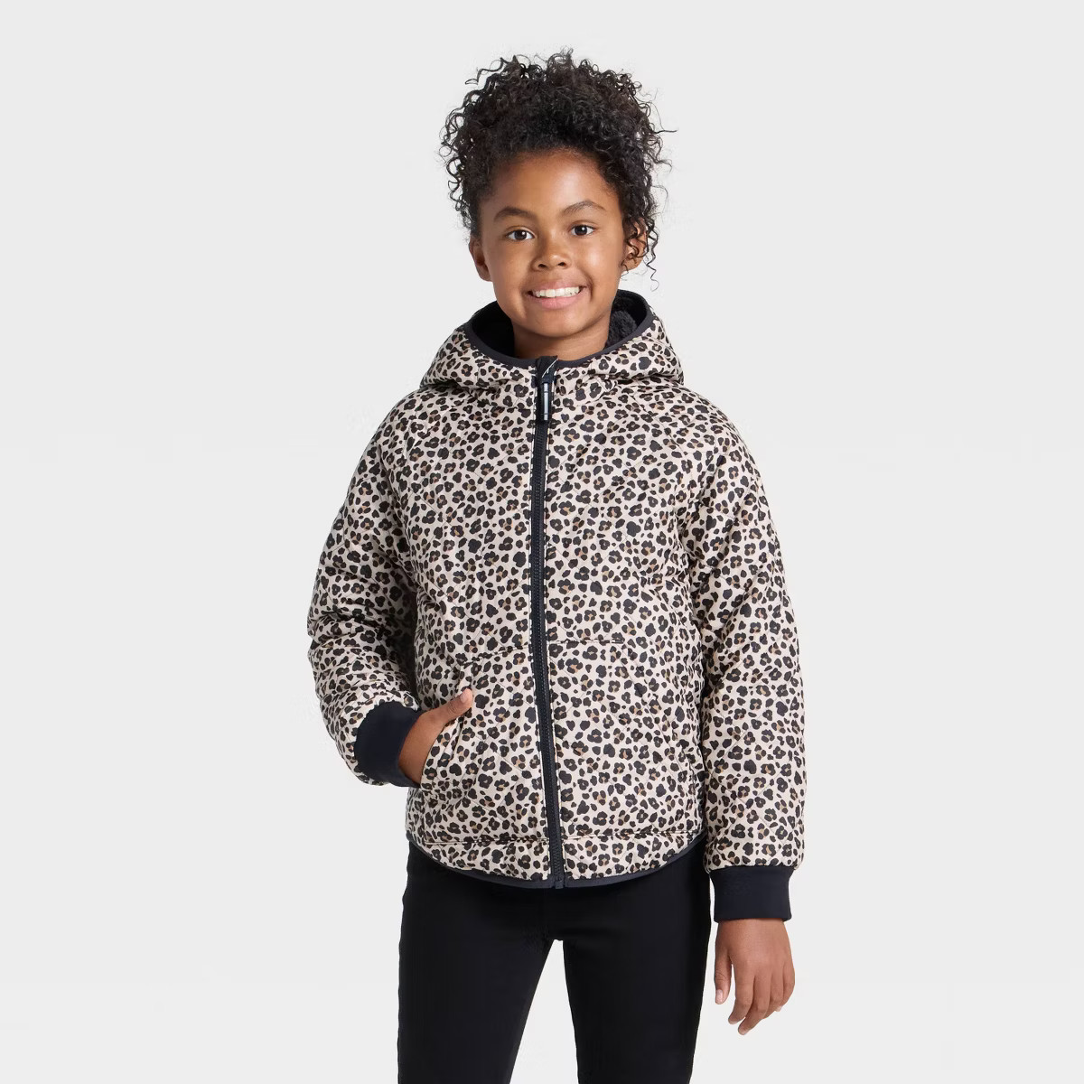 Girls' Leopard Printed Hooded Reversible Puffer - Cat & Jack™ Tan M | Target