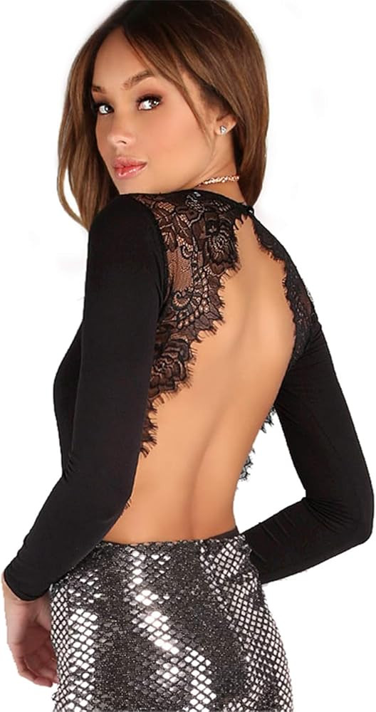 DIDK Women's Sexy Backless Lace Appliques Long Sleeve Bodysuit | Amazon (US)