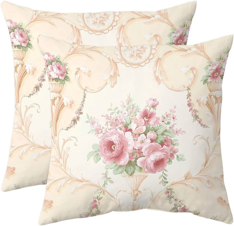 Vintage Floral Throw Pillow Covers Set of 2 Decorative Rose Art Couch Pillow Cases Farmhouse Shab... | Amazon (US)