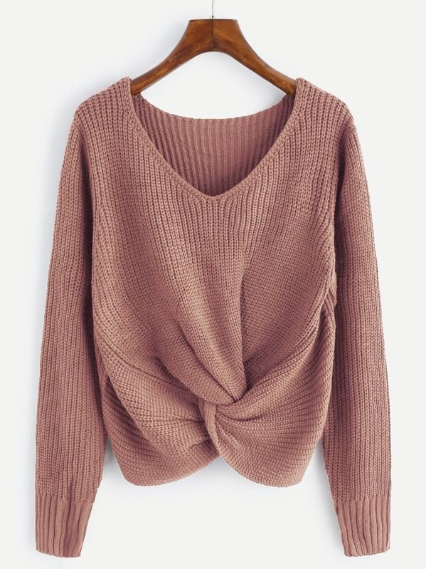 V-neckline Twist Front Chunky Sweater | SHEIN