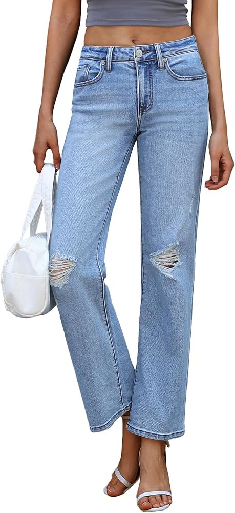 OFLUCK Women's Wide Leg Jeans Mid High Waisted Boyfriend Jeans Straight Leg Loose Fit Denim Pants | Amazon (US)
