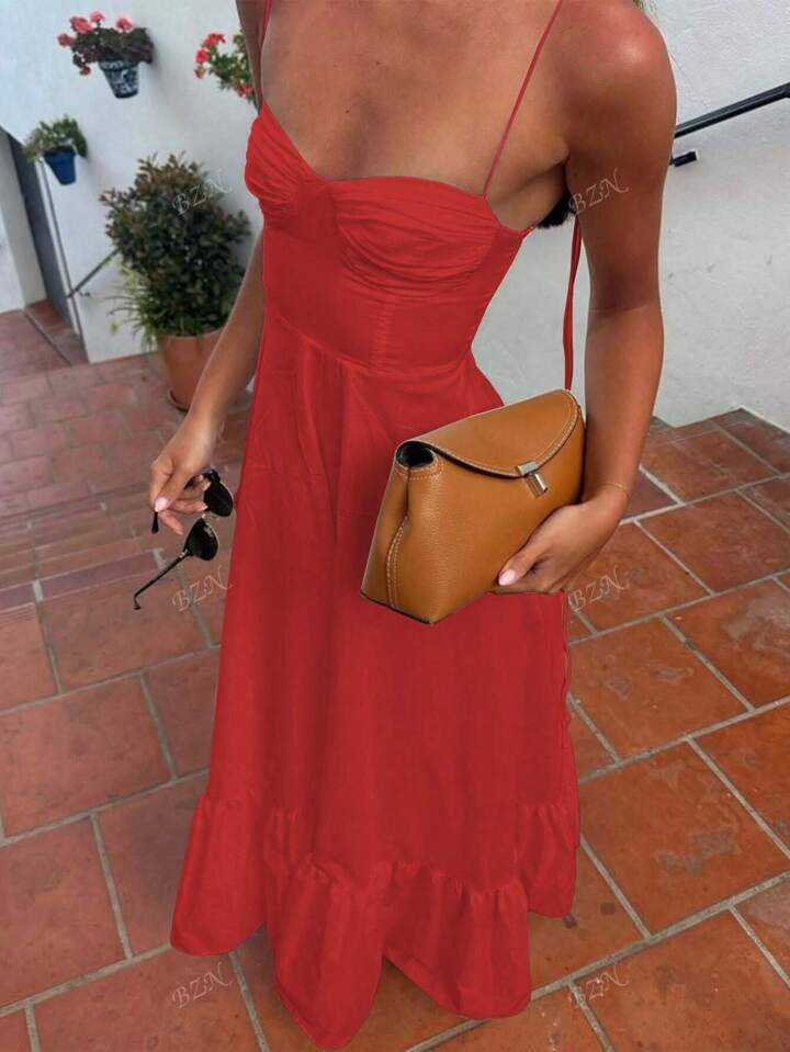 Women's New Style Sleeveless Lace-Up Suspender Elegant Beach Off-Shoulder Layered Loose Long Skir... | SHEIN