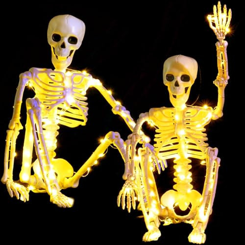 2 Pack 24 Inches Halloween Skeleton, LED Light Up Pose-N-Stay Halloween Skeleton Full Body Posable Movable Jonints for Halloween Decoration | Amazon (US)
