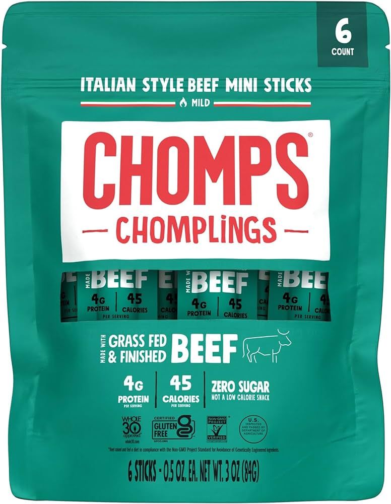 CHOMPS MINI Grass Fed Beef Jerky Meat Snack Sticks 6 count(0.5 Oz), 3 ounce Italian Beef | Amazon (US)