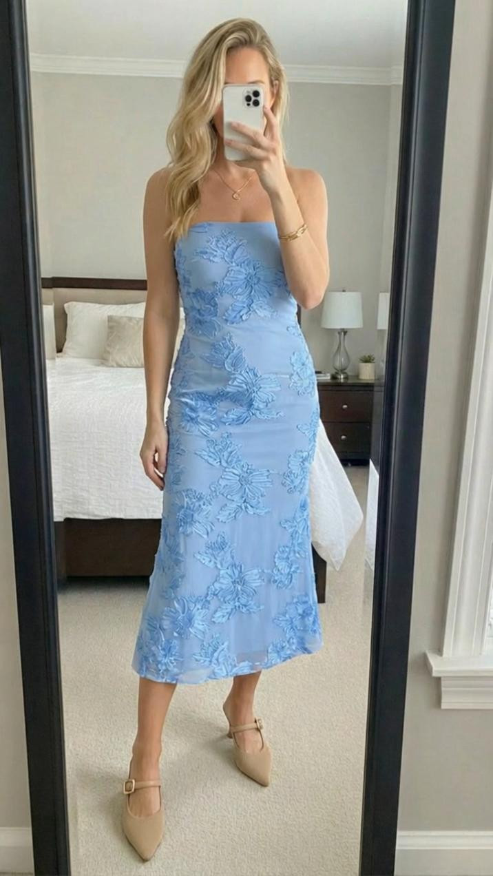 THIS BLUE EMBROIDERED MIDI DRESS IS STUNNING! 💙✨
I'm completely IN LOVE with this periwinkle blue embroidered midi dress! If you're looking for wedding guest dresses, spring formal outfits, bridal shower looks, Easter dress ideas, or that perfect feminine dress for special occasions, THIS IS IT! This dress is absolutely gorgeous! 🌸
THE DRESS: Can we talk about how beautiful this soft blue embroidered dress is?! The color is absolutely stunning - it's that perfect periwinkle/powder blue that's so flattering and elegant! The tonal floral embroidery throughout adds such gorgeous texture and dimension! The strapless neckline is sophisticated and feminine, and the fitted bodice creates a beautiful silhouette! 💙
The midi length is PERFECTION - it hits at mid-calf which is the most flattering and elegant length! The dress has a subtle A-line shape that's comfortable and flattering! The embroidered details are so intricate and beautiful - they catch the light perfectly and add such a luxe touch! This dress photographs like a dream! ✨
THE EMBROIDERY: The tonal blue-on-blue floral embroidery is what makes this dress truly special! It adds texture and visual interest without being too busy! The embroidered flowers have a slight raised texture that's so elegant and expensive-looking! 🌺
STYLING: I paired this with nude pointed toe heels with ankle straps for the ultimate elegant look! The nude shoes elongate the legs beautifully and let the gorgeous dress be the star! Simple gold jewelry keeps it refined and polished! 👠
THE COLOR: This soft periwinkle blue is SO flattering and perfect for spring and summer events! It's feminine, romantic, and works beautifully for formal occasions! Blue is such an underrated color for special events! 💫
THIS DRESS IS PERFECT FOR: spring weddings, wedding guest attire, bridal showers, baby showers, Easter celebrations, garden parties, Kentucky Derby, graduation events, engagement parties, rehearsal dinners, formal brunches, or any special occasion where you want to look elegant and feminine! 🌷 

 

#LTKgrwm #LTKmomlife #LTKmorningroutine