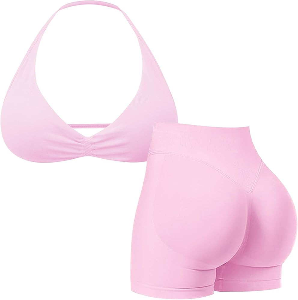 Workout Sets for Women 2 Piece Strappy Halter Sports Bra Scrunch Butt Shorts Gym Sets Yoga Outfit... | Amazon (UK)