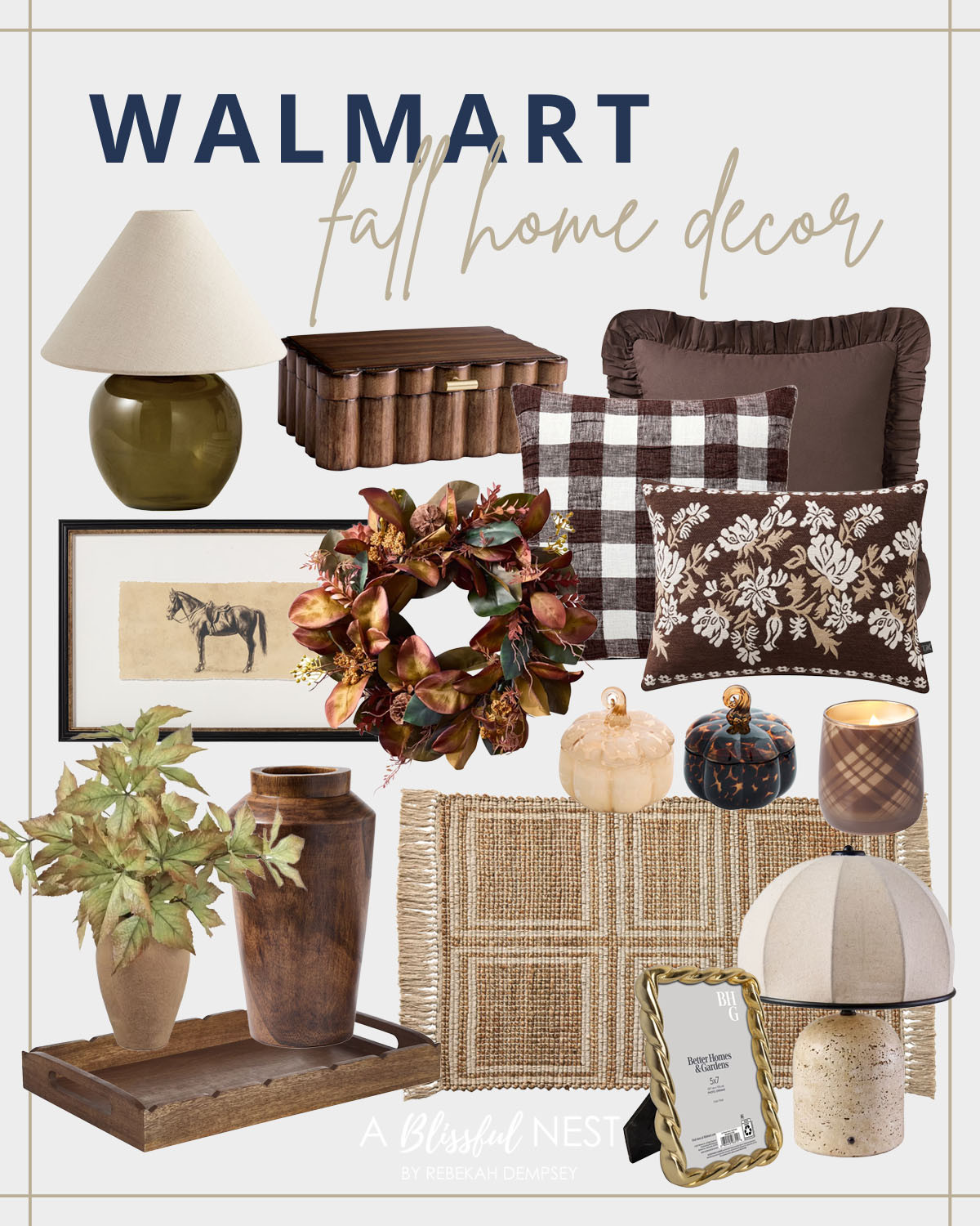 Loving these Walmart picks for adding cozy touches throughout the home. Shop my picks.

White ceramic table lamp with green glass base, wood scalloped box, brown ruffled throw pillow, buffalo check throw pillow, floral embroidered lumbar pillow, framed horse art print, magnolia wreath, faux plant in pot, wood vase, pumpkin trinket box set, glass candle, woven placemat, gold picture frame, dome table lamp, and wood tray 

 #LTKSeasonal #LTKHome