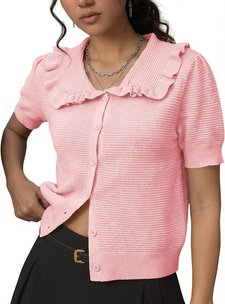 Watashi Womens Short Sleeve Cardigan Casual Button Down Ruffle Collared Lightweight Knittwear Sum... | Amazon (US)