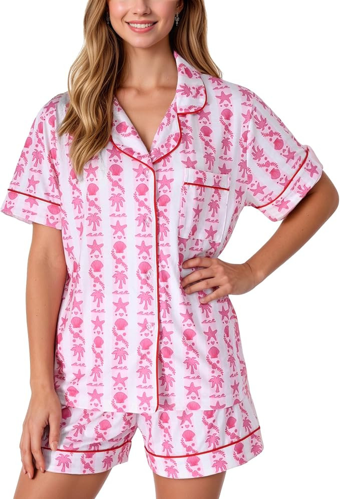 Pajamas for Womens Set Summer 2 Pece Pjs Matching Shorts Set Loungewear Palm Sleepwear for Beach ... | Amazon (US)