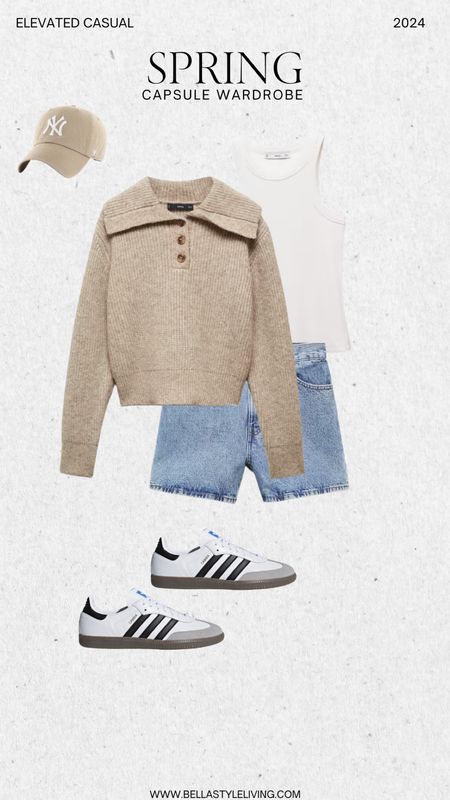 Casual every day spring capsule wardrobe outfit idea. Pair blue denim shorts and white tea with a tan pull over and Adidas Samba sneakers.

#LTKfindsunder100 #LTKstyletip #LTKshoecrush