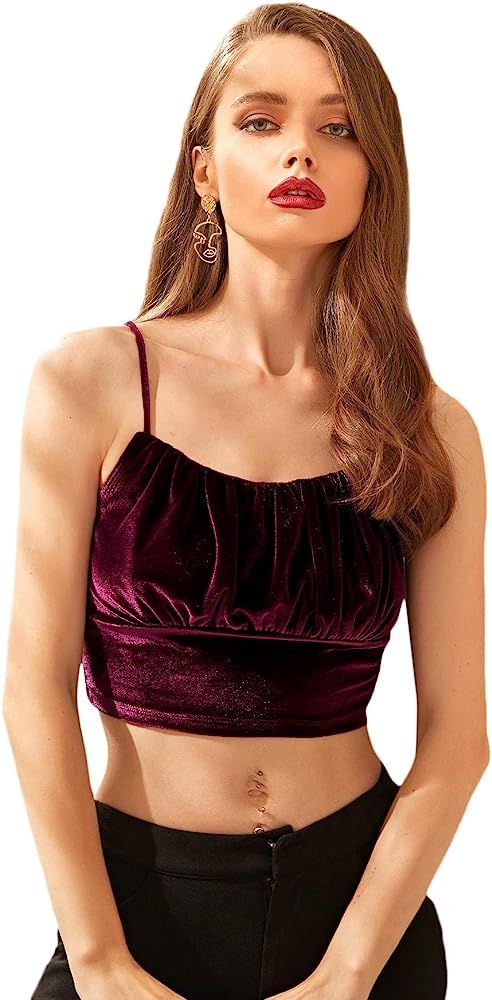 Verdusa Women's Ruched Front Spaghetti Strap Sleeveless Velvet Crop Cami Top | Amazon (US)