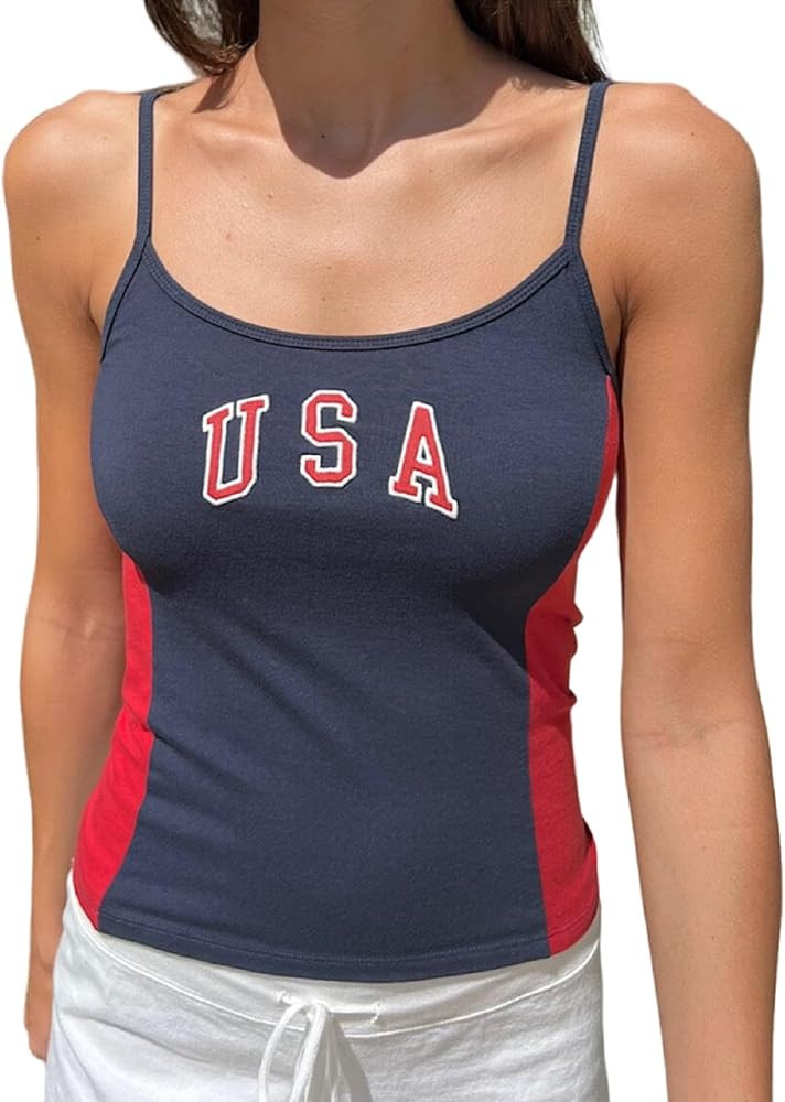 Women Y2k Jersey Tank Top Spaghetti Strap Flag Letter Print Cami Top Vintage Contrast Camisole Ba... | Amazon (US)