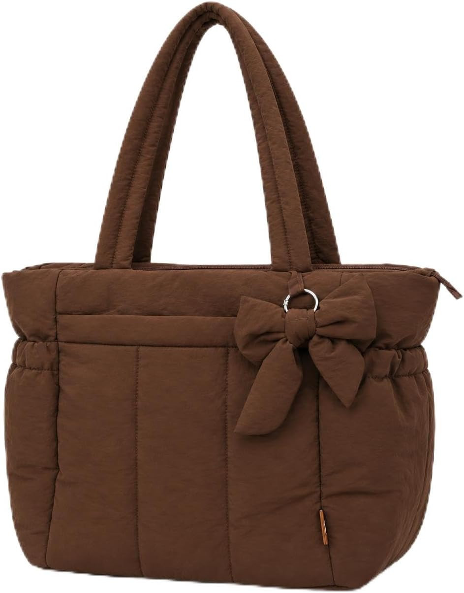 Puffer Tote Bag for Women, Quilted Laptop Work Tote with Bow | Amazon (US)