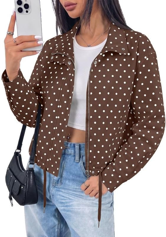 Women Zip Up Polka Dot Cropped Jackets 2026 Trendy Fall Casual Lightweight Stand Collar Coat with... | Amazon (US)