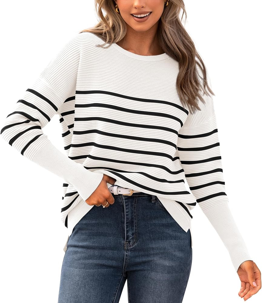 BTFBM Fall Sweaters for Women 2026 Casual Long Sleeve Sweater Striped Loose Fit Pullover Tops | Amazon (US)