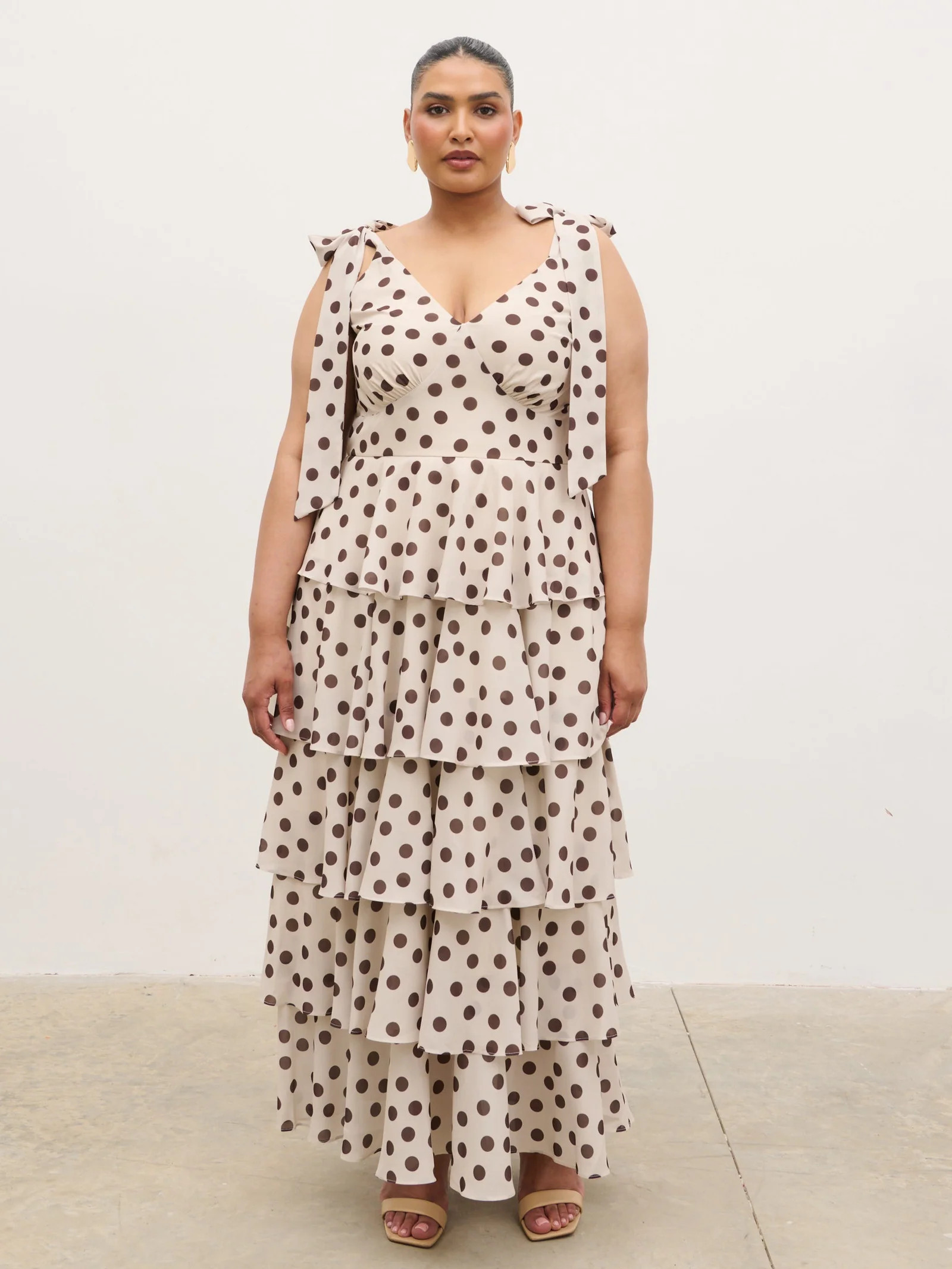 Fiore Tie Ruffle Maxi Dress Curve - Large Brown and Cream Polkadot | Pretty Lavish (UK)