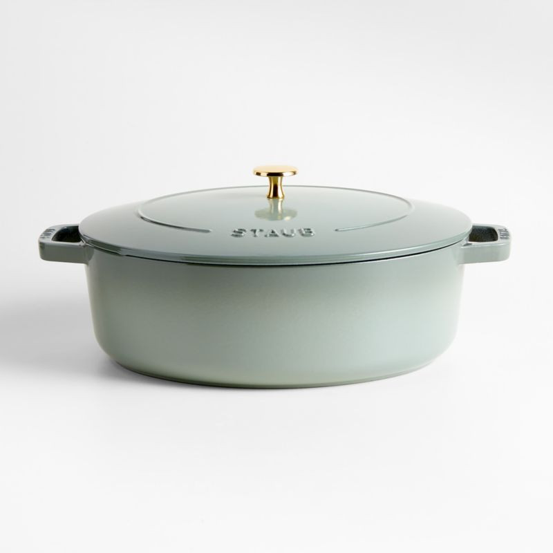 Staub 6.25-Qt. Eucalyptus Enameled Cast Iron Shallow Oval Dutch Oven + Reviews | Crate & Barrel | Crate & Barrel