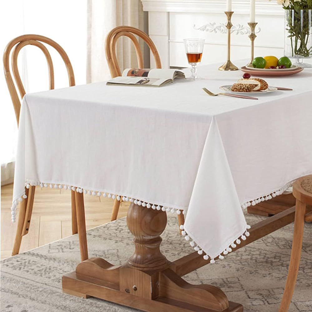 Farmhouse Solid Color Cotton Rectangle Tablecloth Fabric Pompom Tassel Washable Table Cover for K... | Amazon (US)