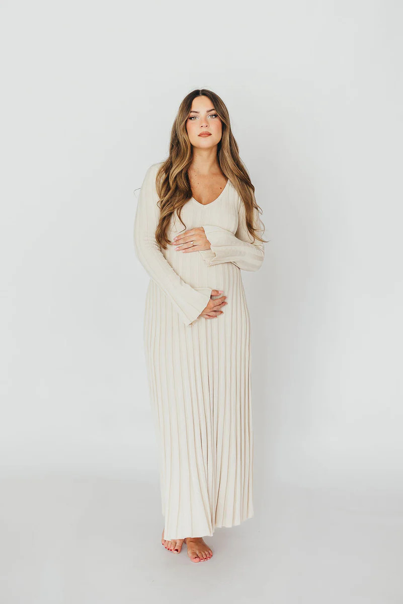 Hadley Long Sleeve V-Neck Knit Maxi Dress in Cream Taupe | Worth Collective