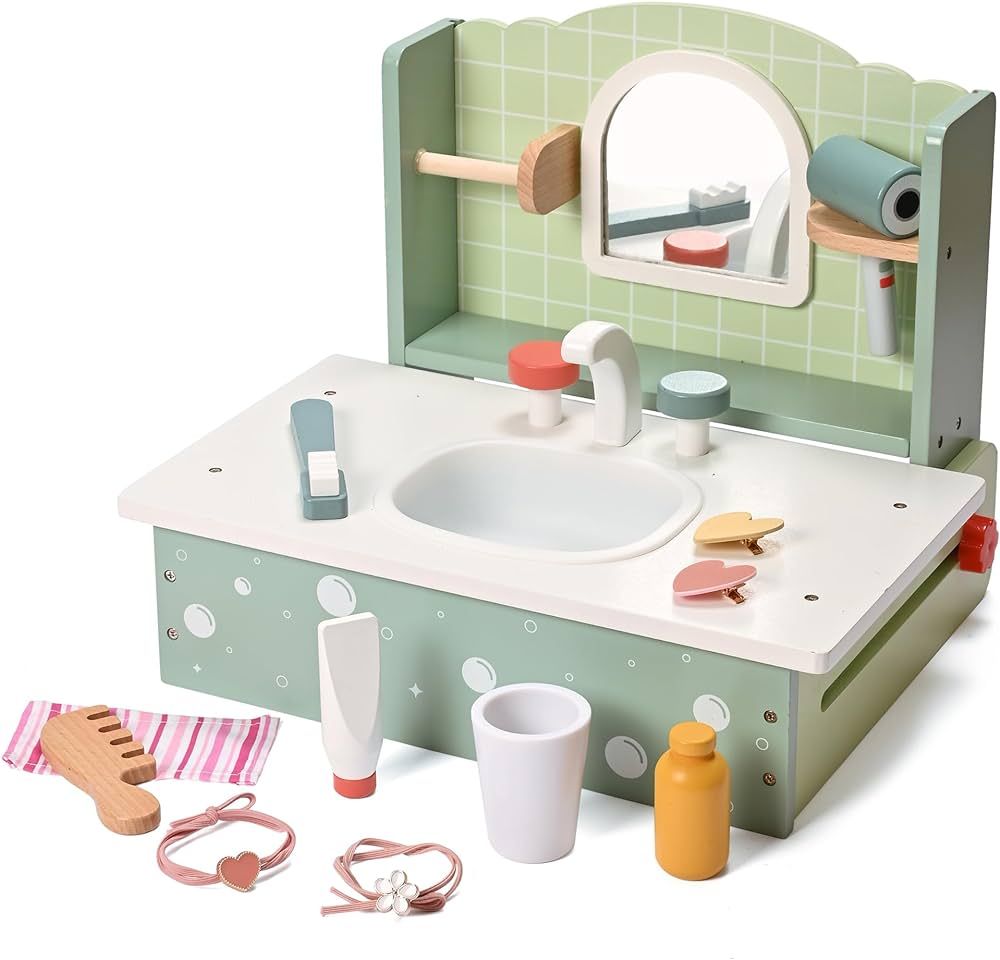 MONT PLEASANT Wooden Makeup Toy Set, 16pcs Pretend Play Makeup Vanity for Little Girls Portable T... | Amazon (US)
