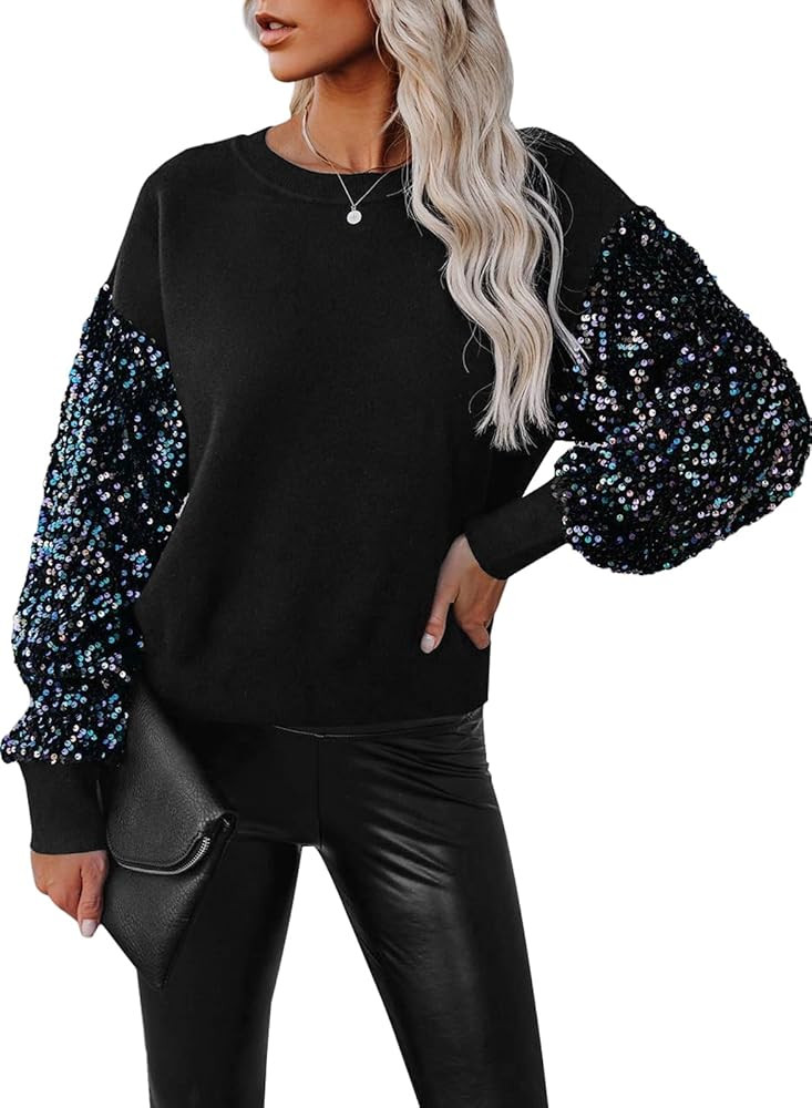 miduo Womens 2025 Fashion Crewneck Sequin Long Sleeve Casual Patchwork Sparkle Shimmer Pullovers ... | Amazon (US)