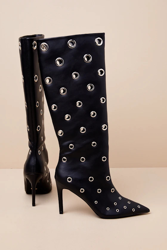 Noella Black Eyelet Pointed-Toe Knee-High Boots | Lulus