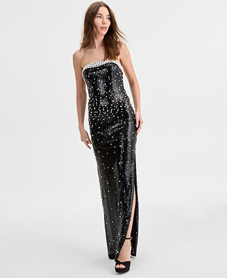 Juniors' Faux-Pearl Sequin Embellished Strapless Gown | Macy's