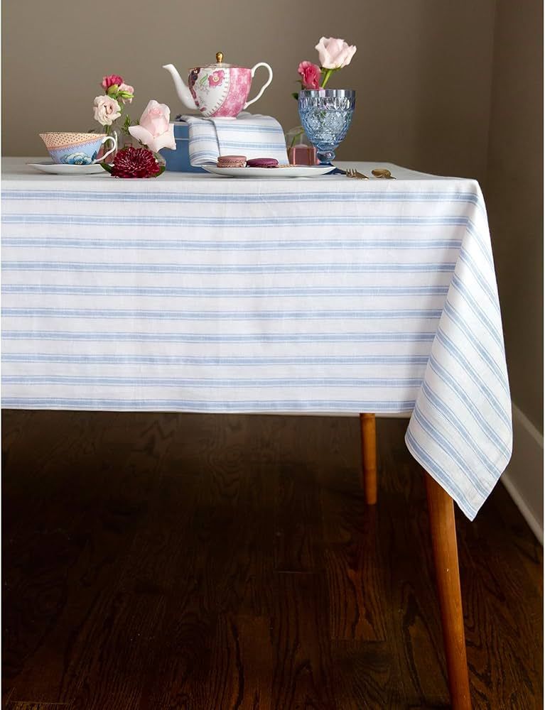 Solino Home Stripe Linen Tablecloth – 100% Pure Linen Summer Sky Blue and White Tablecloth 60 x... | Amazon (US)