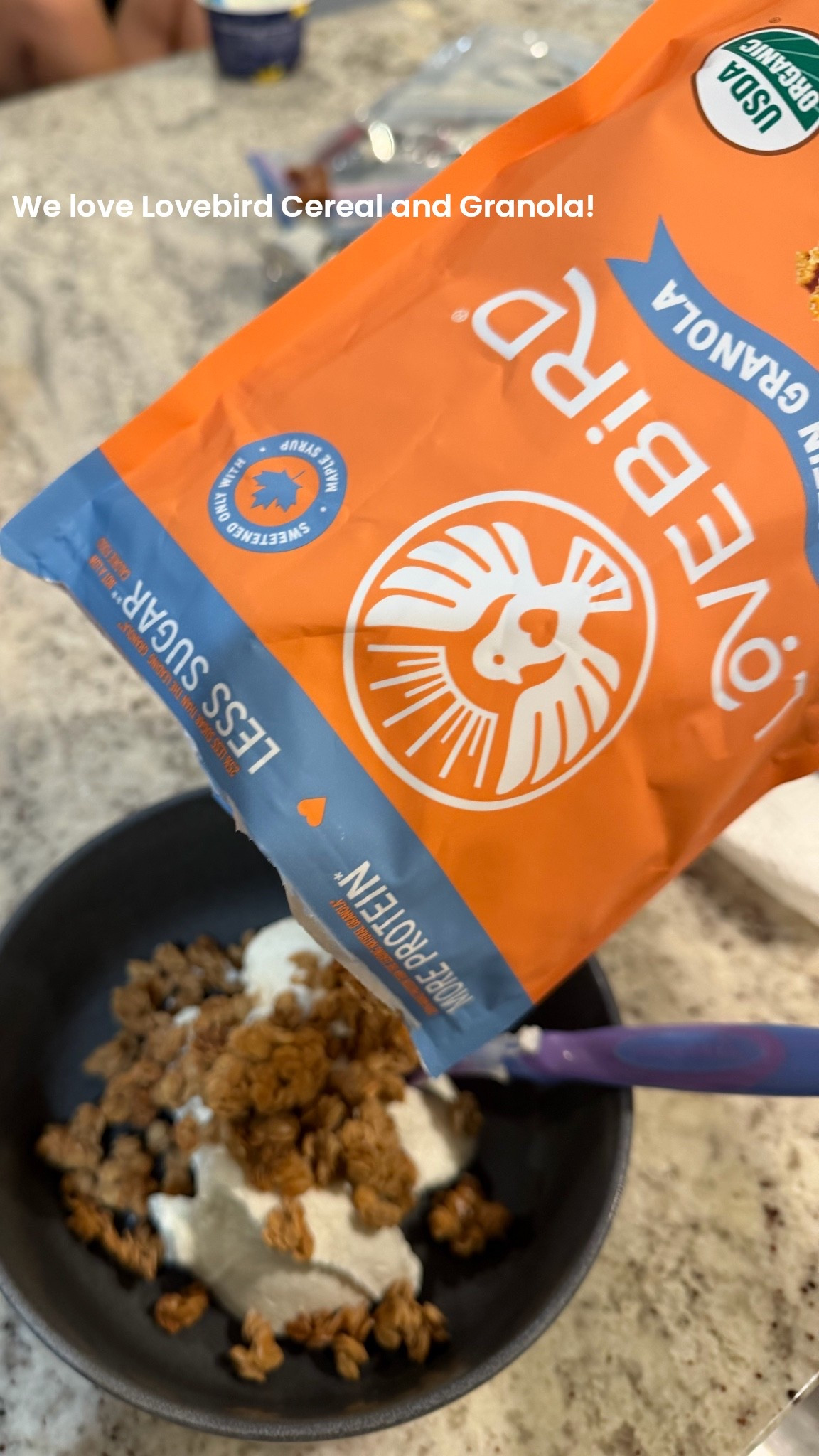 Lovebird cereal and granola! Especially the protein varieties!