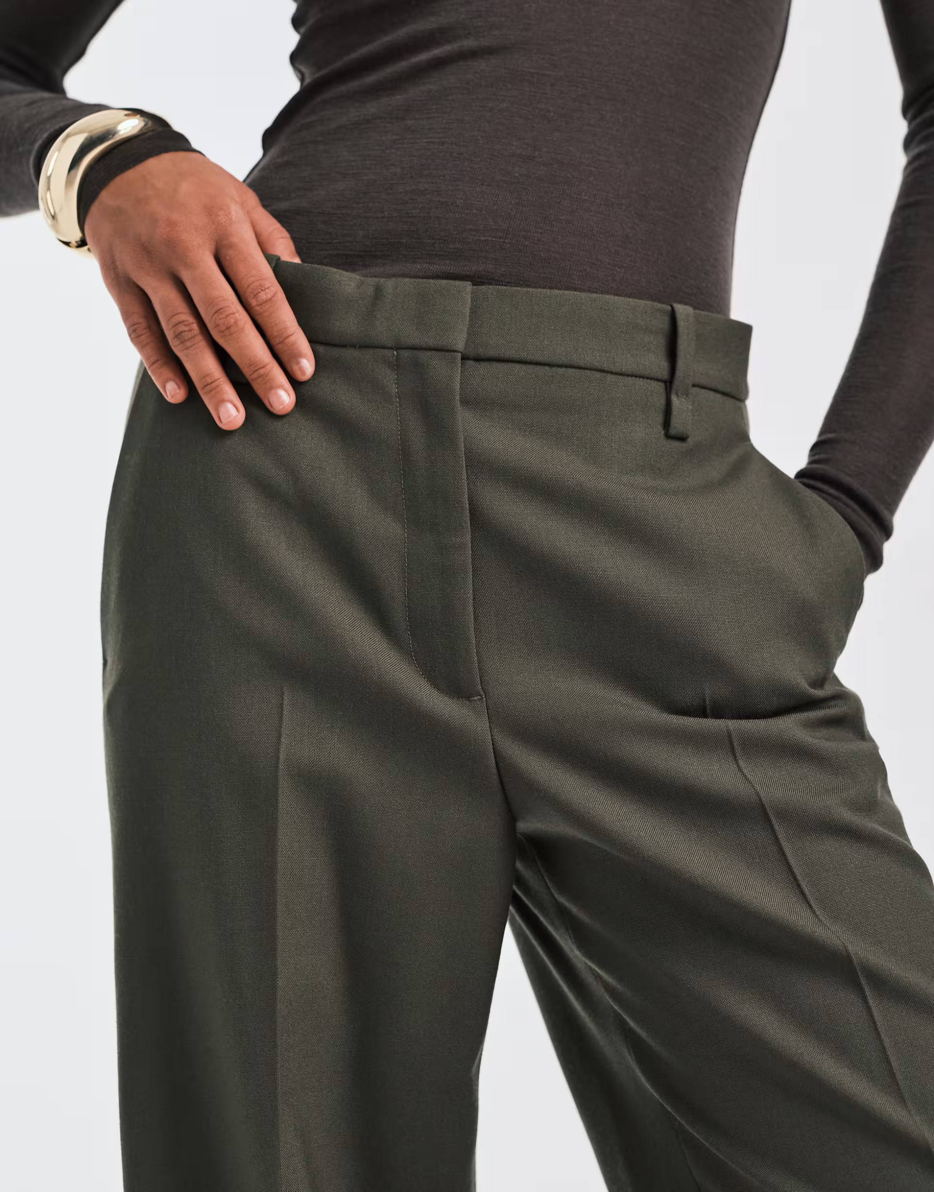 ARKET pure wool straight leg trousers with flat front in olive green | ASOS (Global)