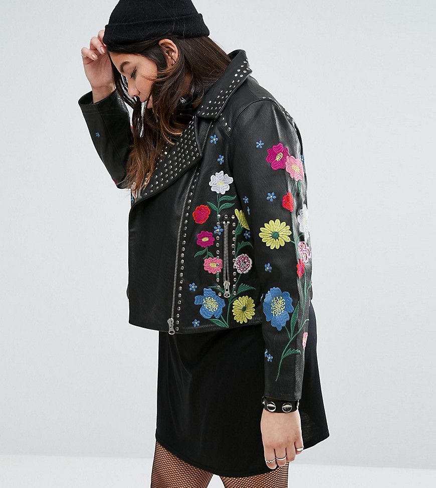 ASOS CURVE Floral Embroidered Leather Biker Jacket - Black | ASOS US